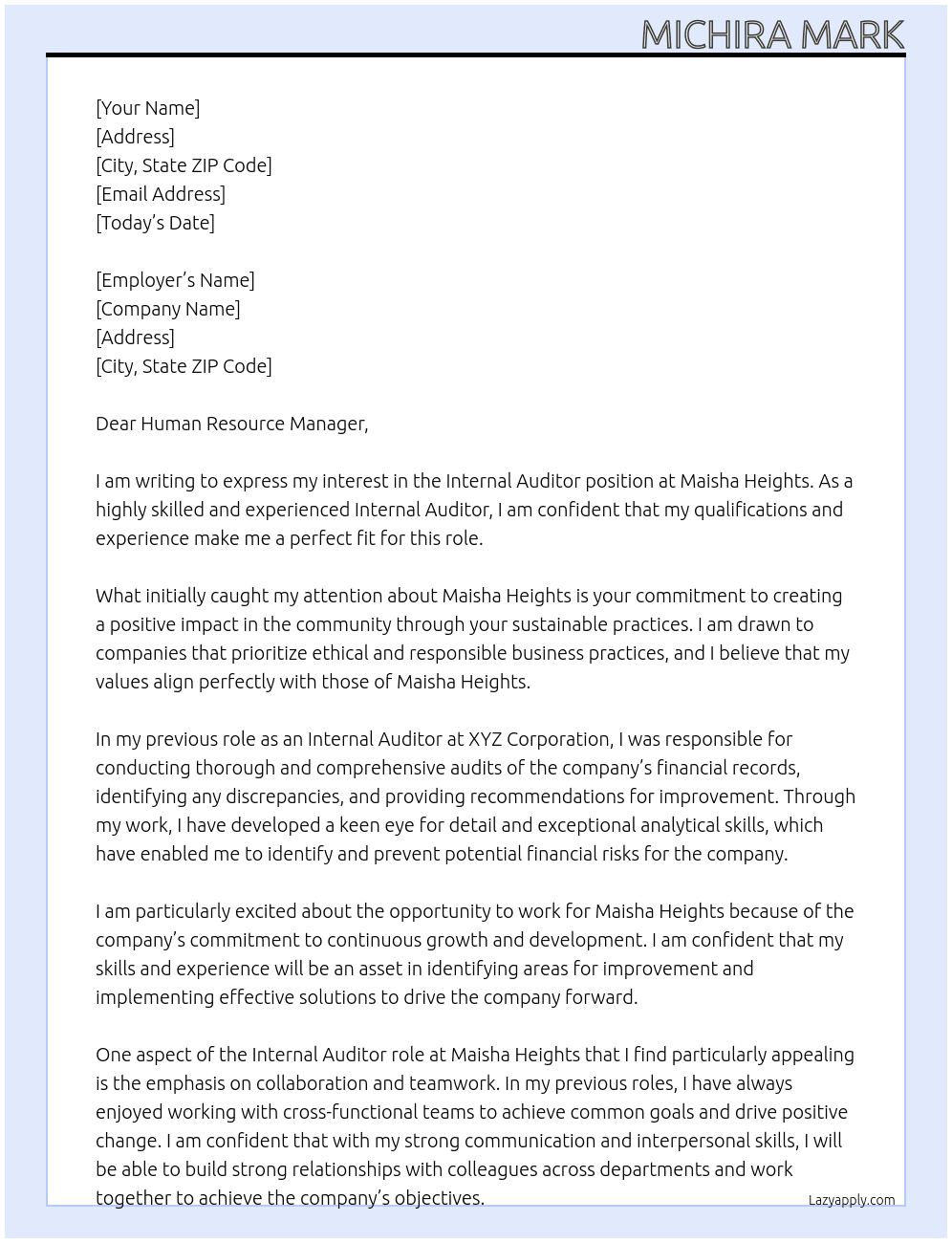 Internal Auditor At Maisha Heights Cover Letter
