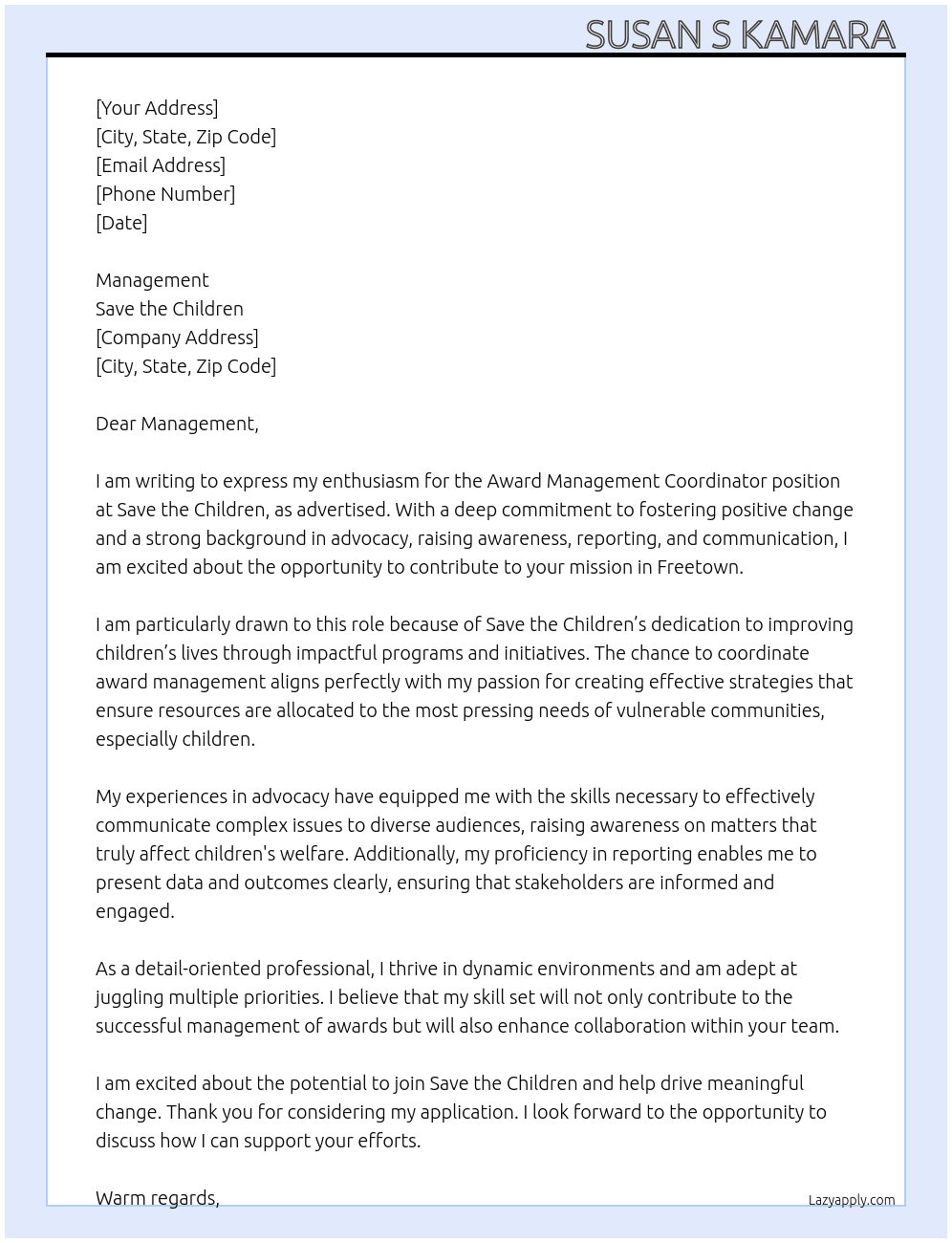 Cover letter for award management coordinator - LazyApply