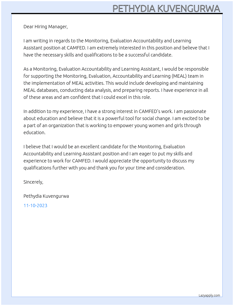Monitoring, Evaluation Accountability and Learning Assistant  At CAMFED  Cover Letter