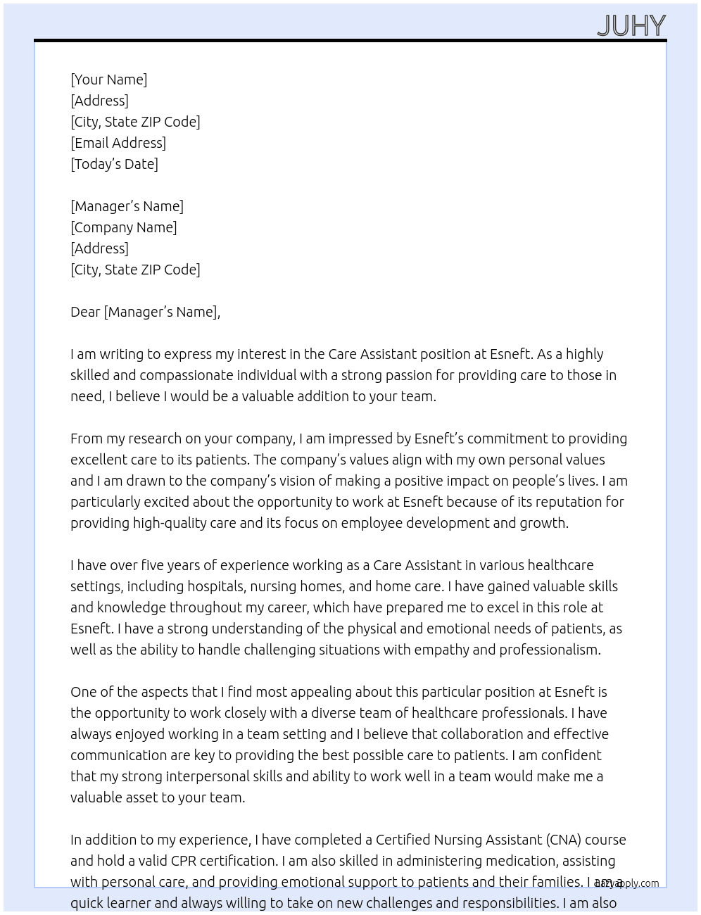 care assistant At Esneft Cover Letter