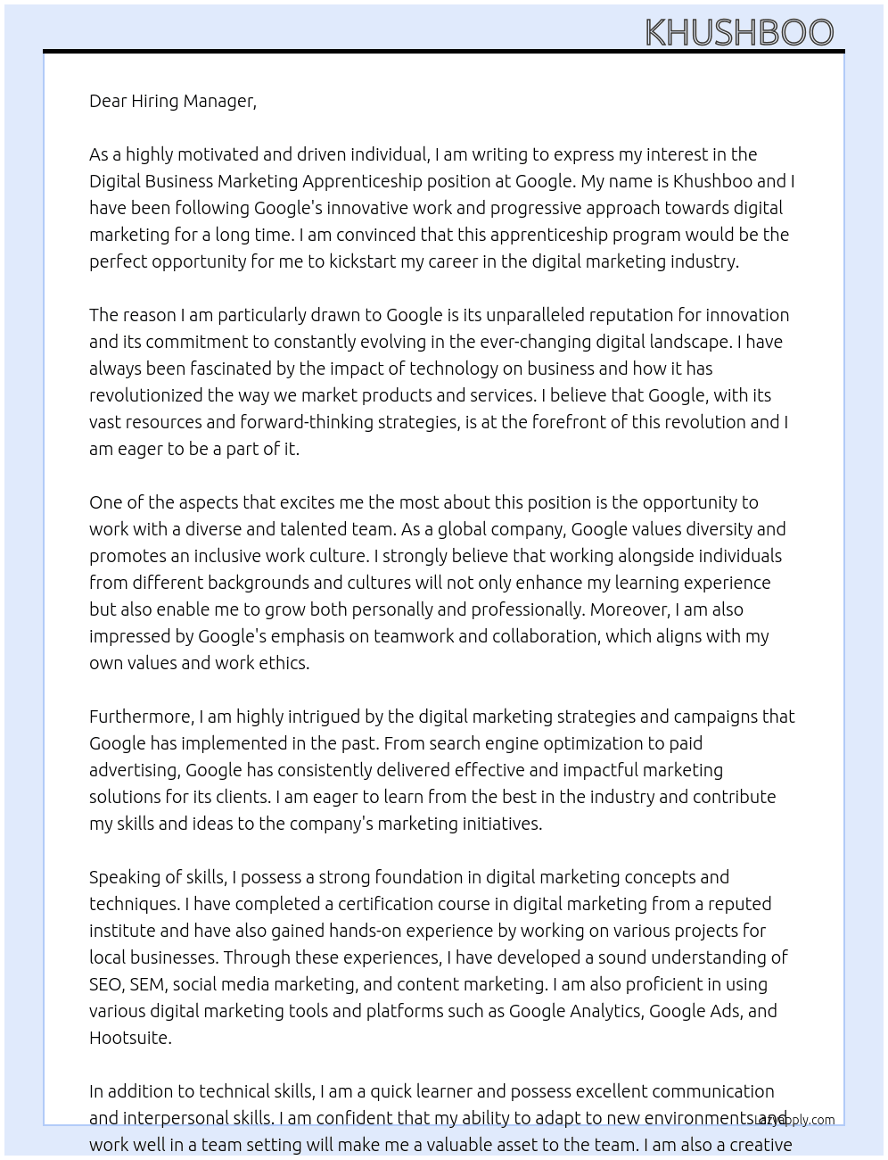 digital business marketing apprenticeship  At google  Cover Letter