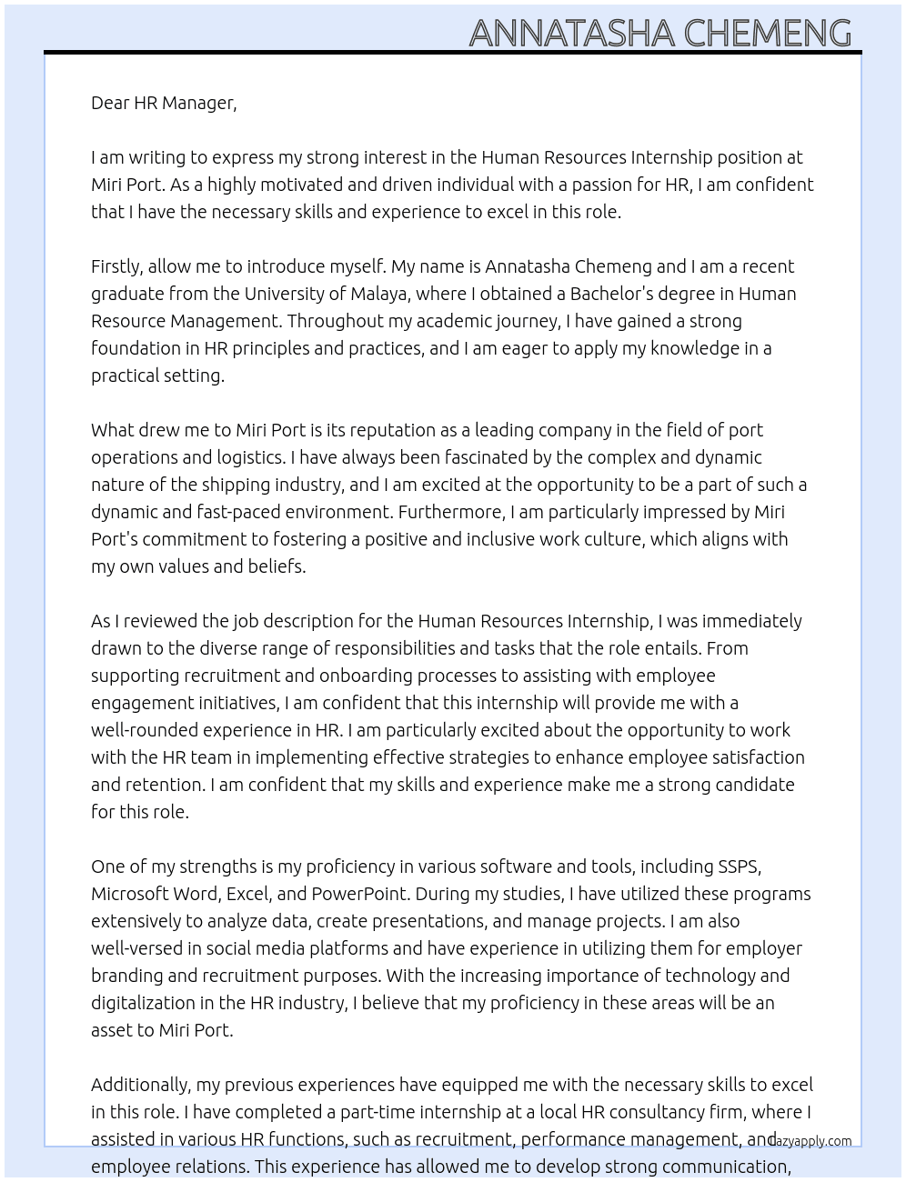 Human resources internship At miri port Cover Letter