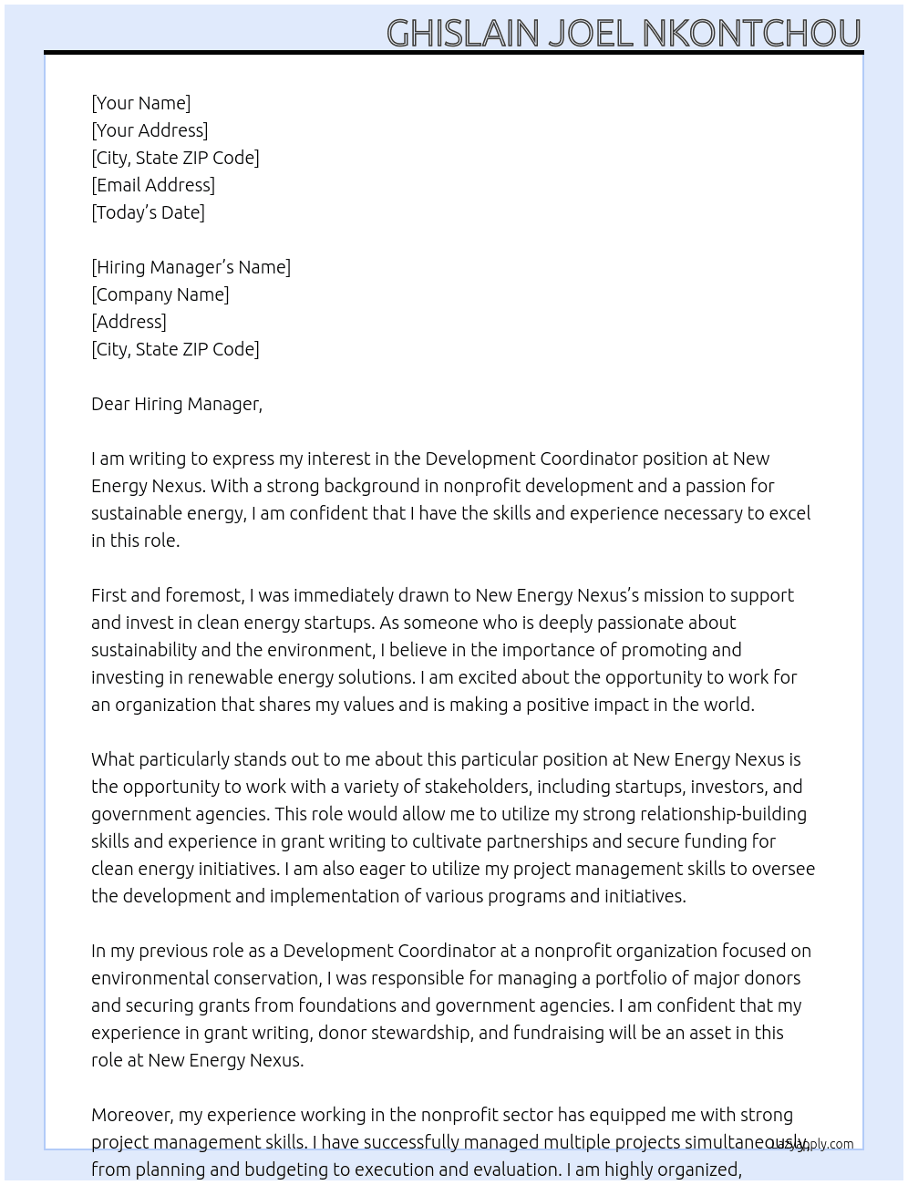 Development Coordinator At New Energy Nexus Cover Letter