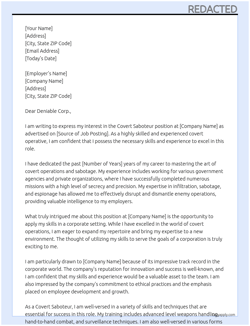 Covert Saboteur At Redacted Cover Letter