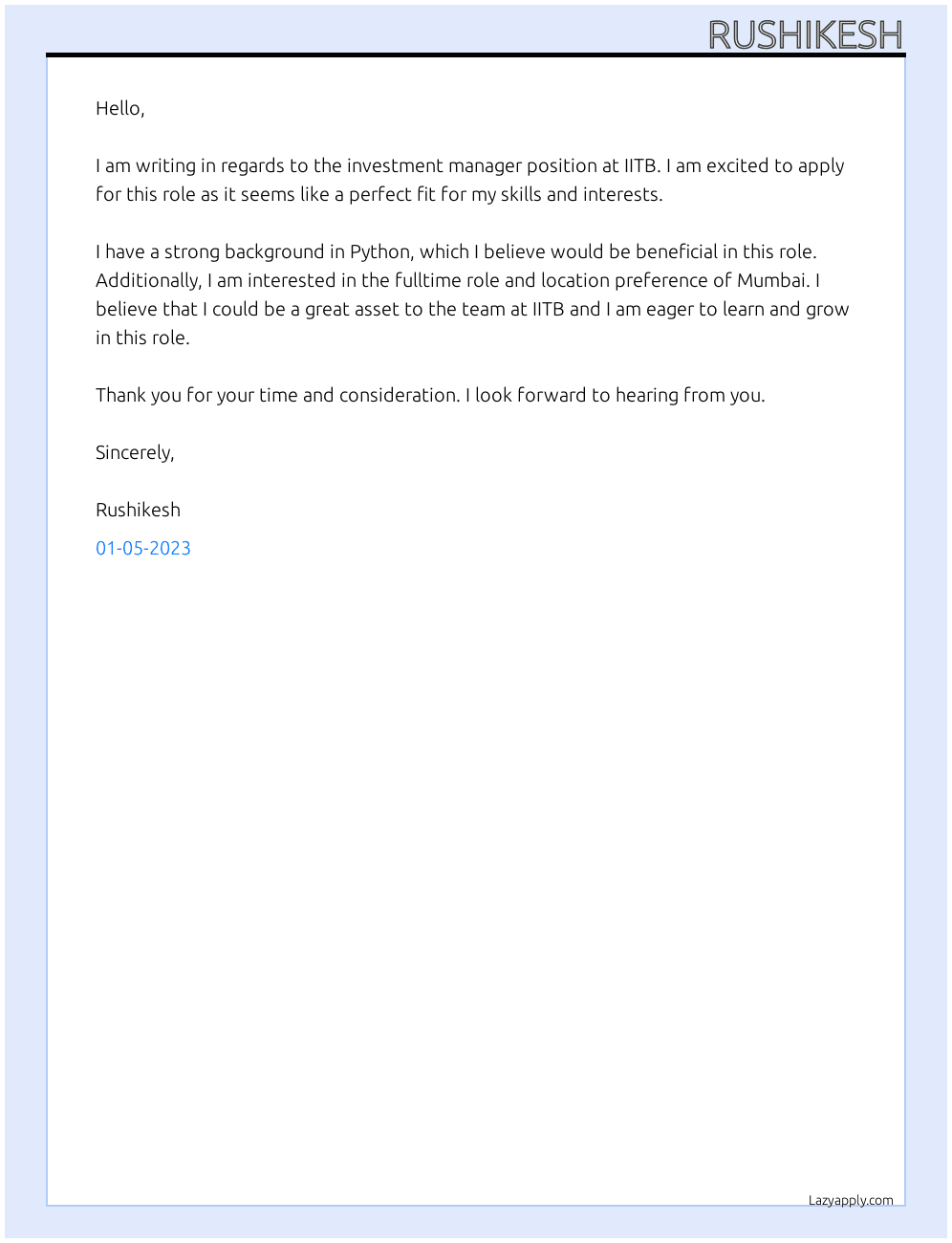 investment manager At iitb Cover Letter
