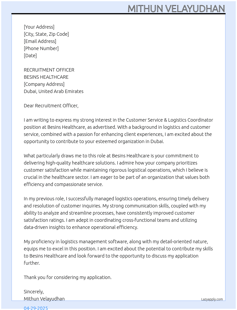 Customer Service & Logistics Coordinator At BESINS HEALTHCARE Cover Letter