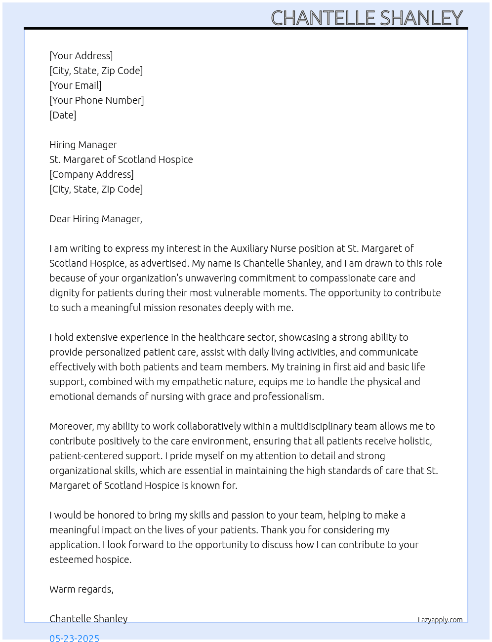 Auxiliary Nurse At St Margaret of Scotland Hospice  Cover Letter