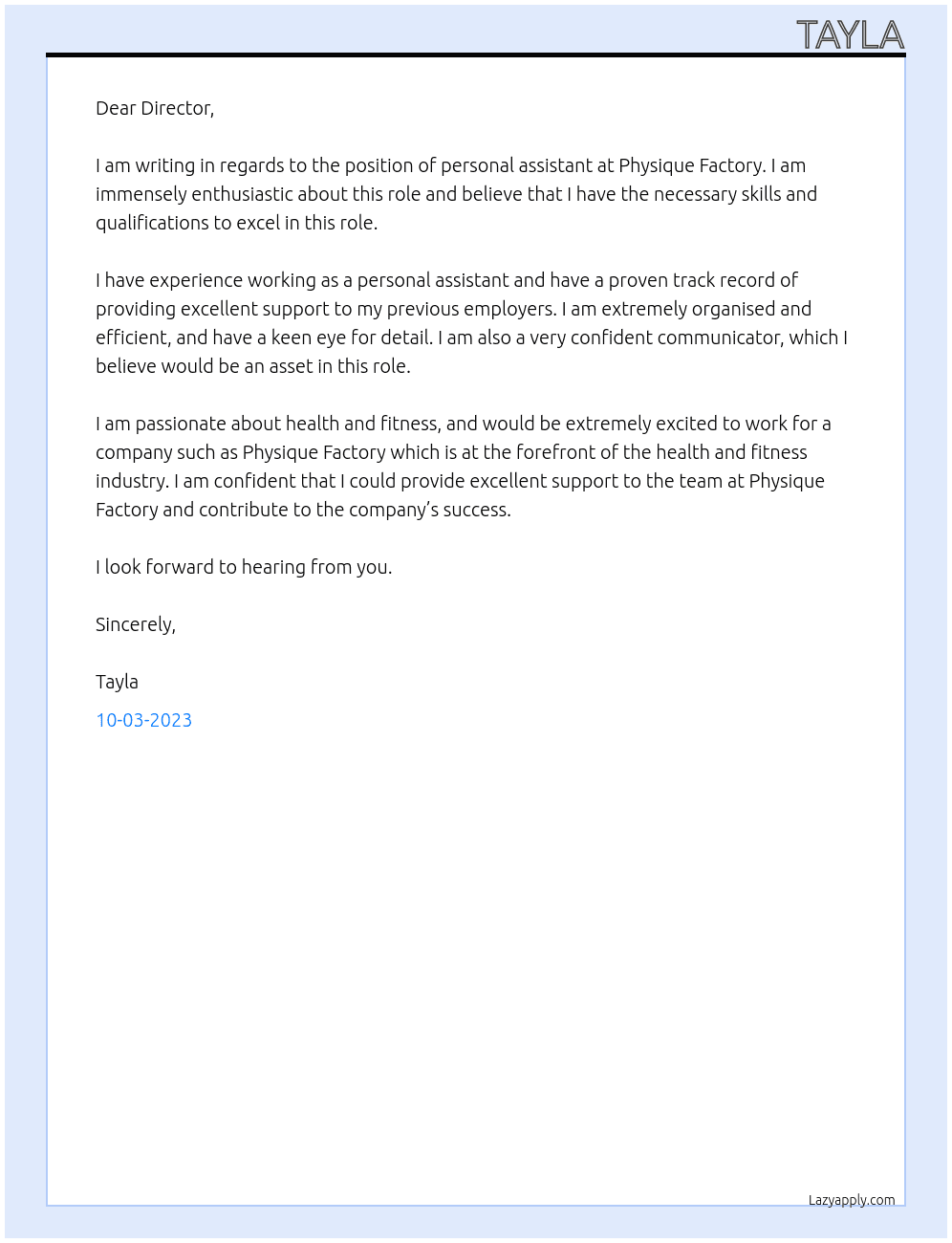 personal assistant At Physique Factory Cover Letter