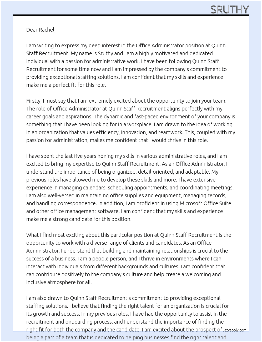 Office Administrator At Quinn staff Recruitment Cover Letter