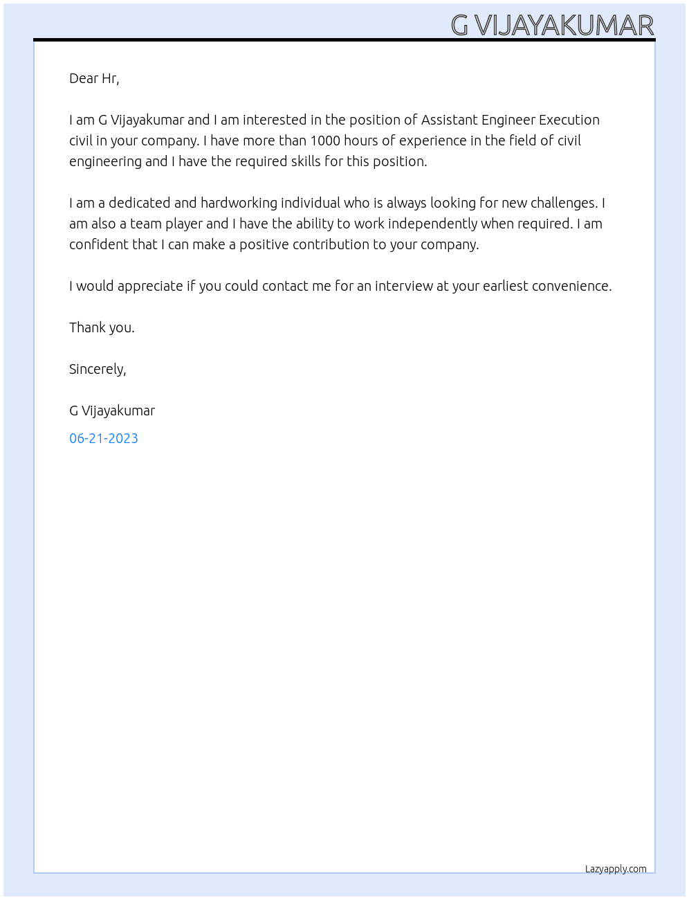 Assistant Engineer Execution civil At Casagrand Cover Letter