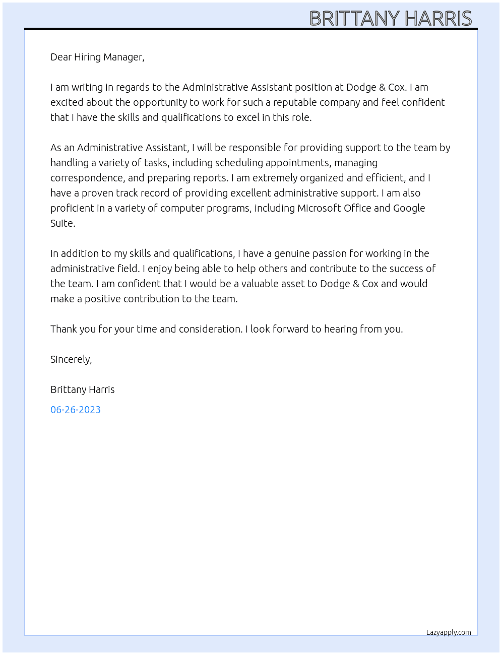 Administrative Assistant  At Dodge & Cox Cover Letter