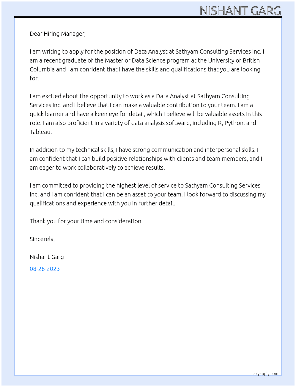 Data Analyst At Sathyam Consulting Services Inc. Cover Letter