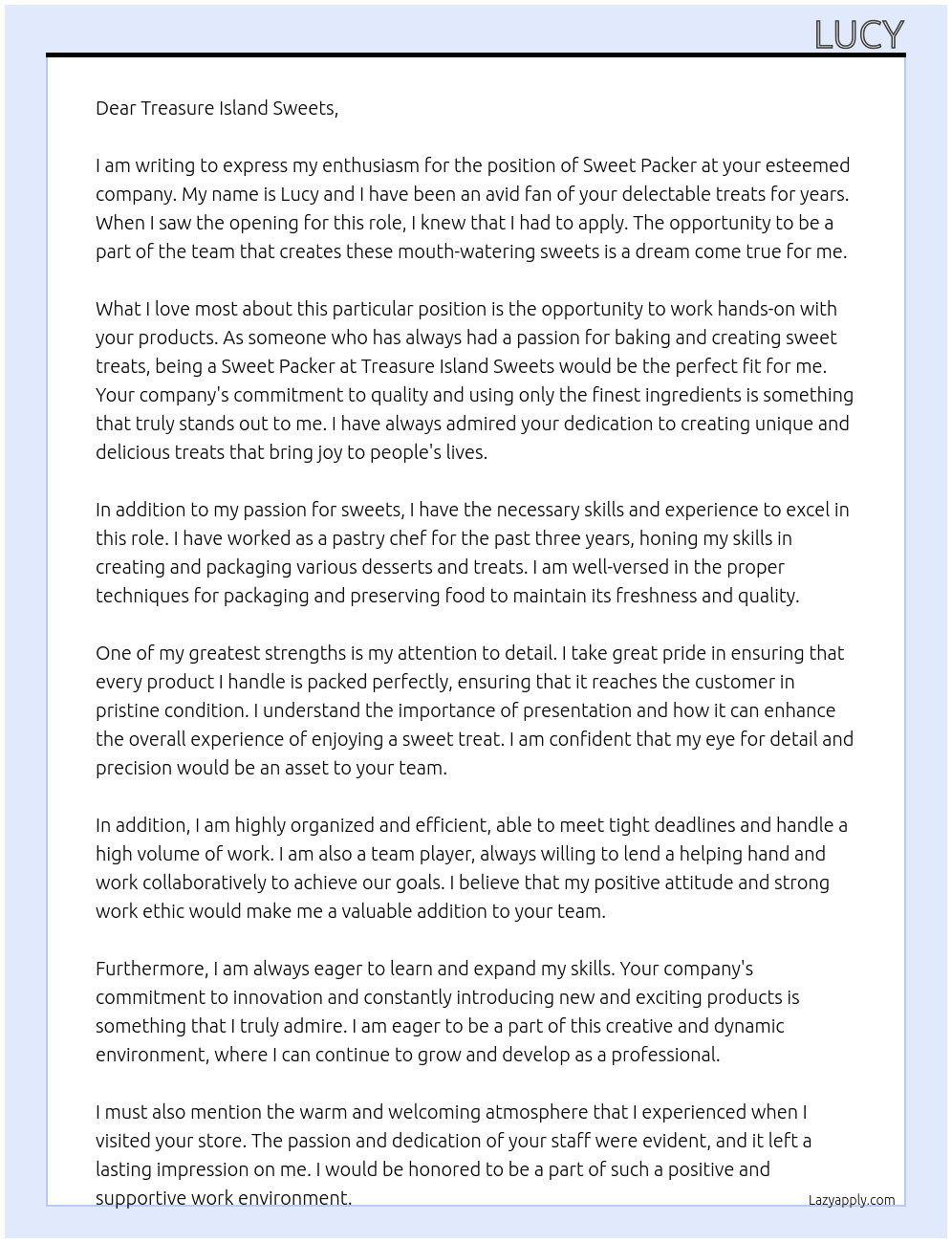 sweet packe At Treasure island sweets Cover Letter