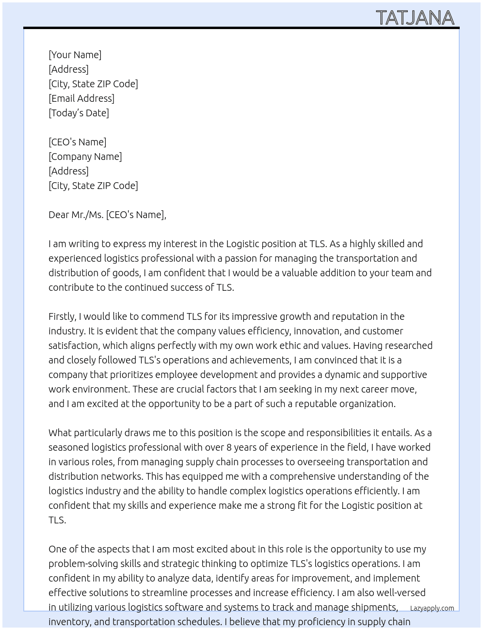 Logistic At TLS Cover Letter