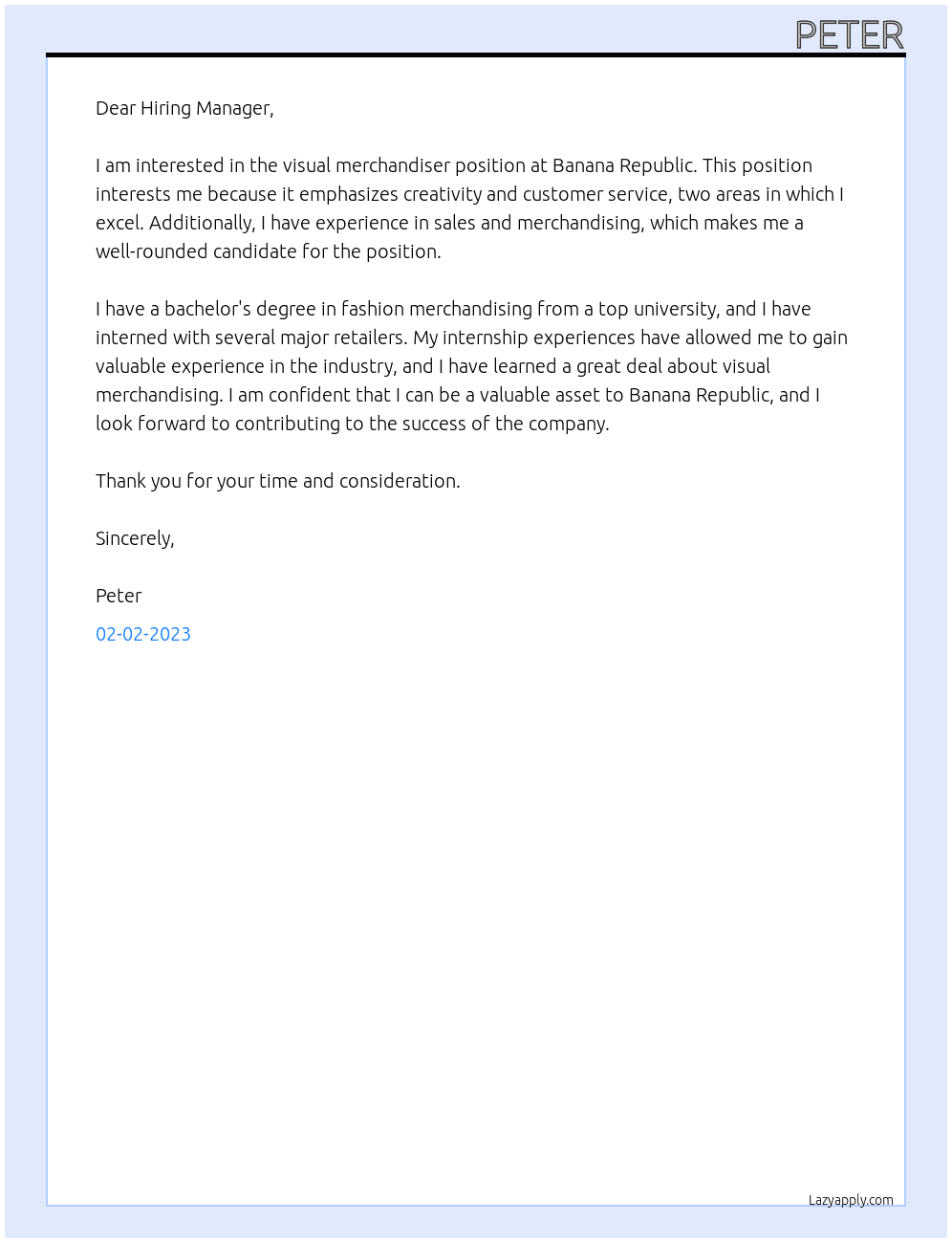 Visual merchandiser At Banana Republic Cover Letter
