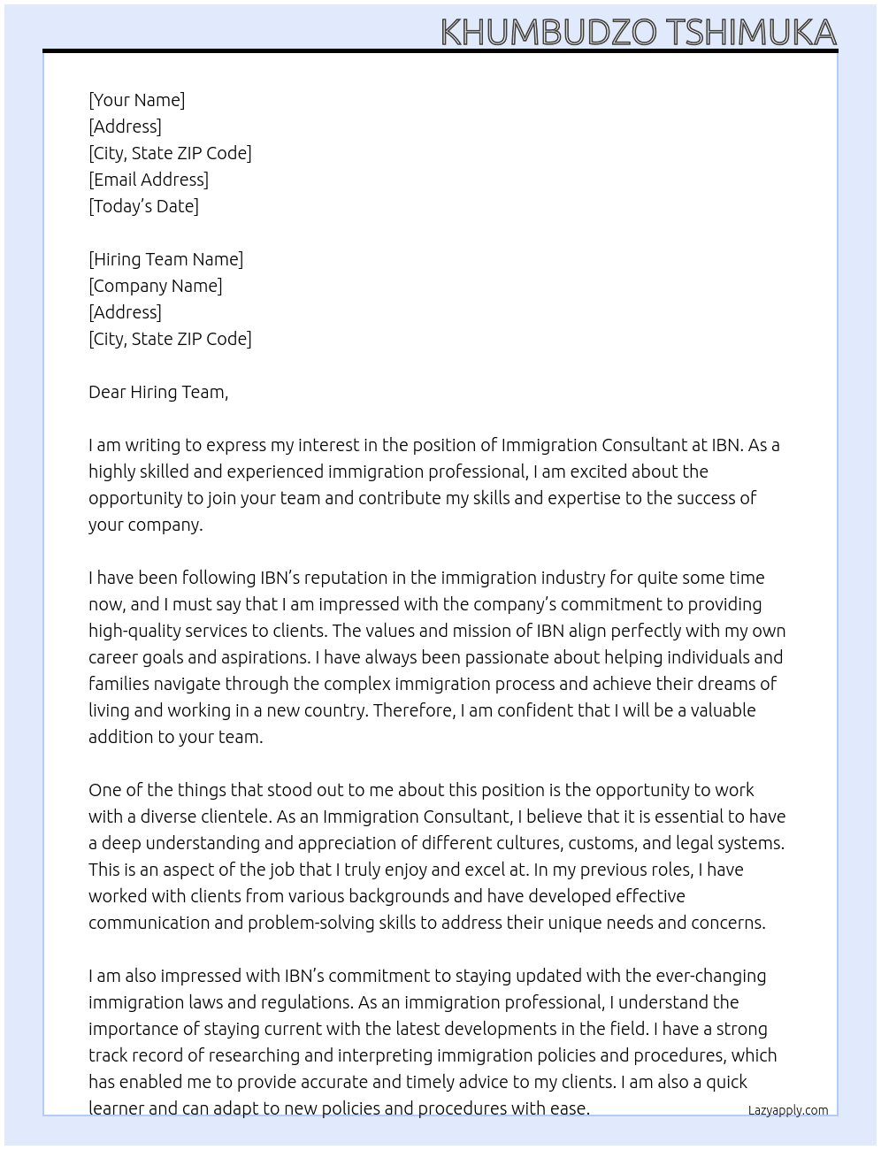 Immigration Consultant  At IBN Cover Letter