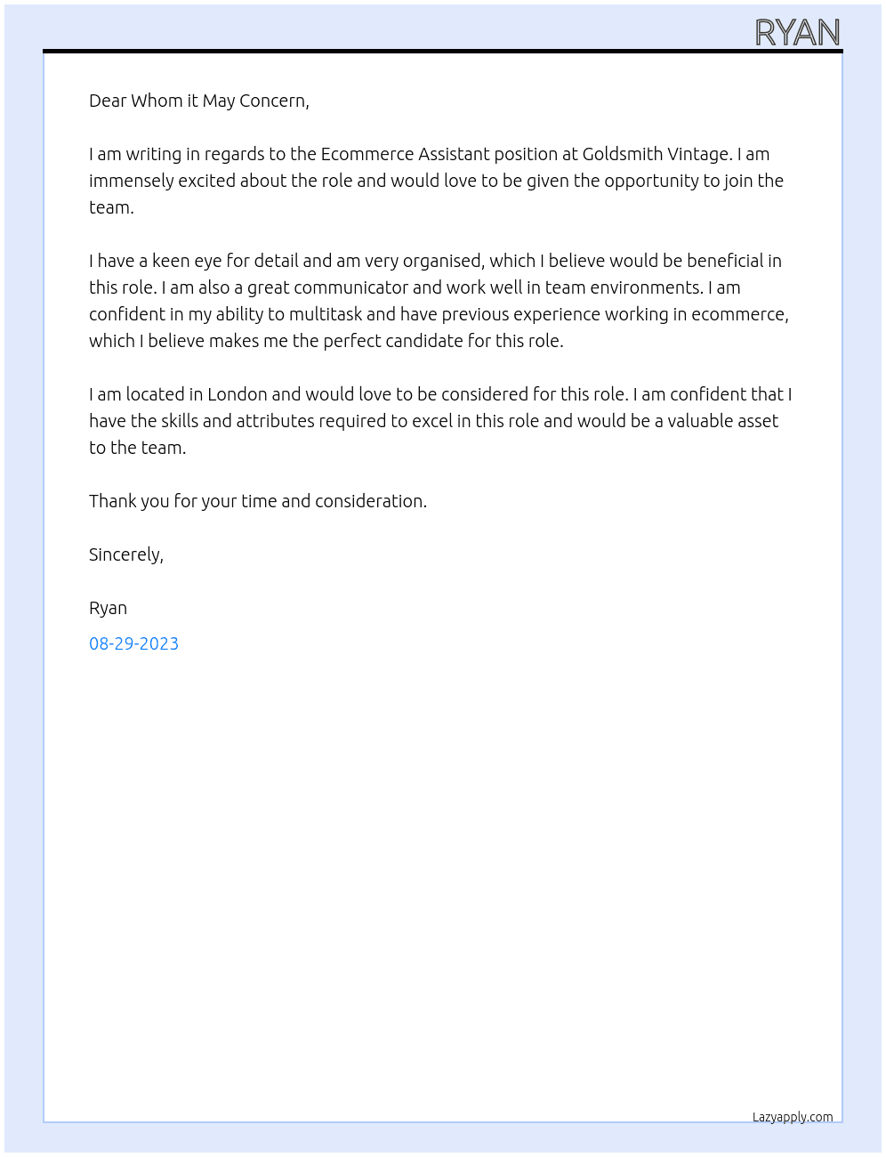 Ecommerce Assistant At  Goldsmith Vintage Cover Letter