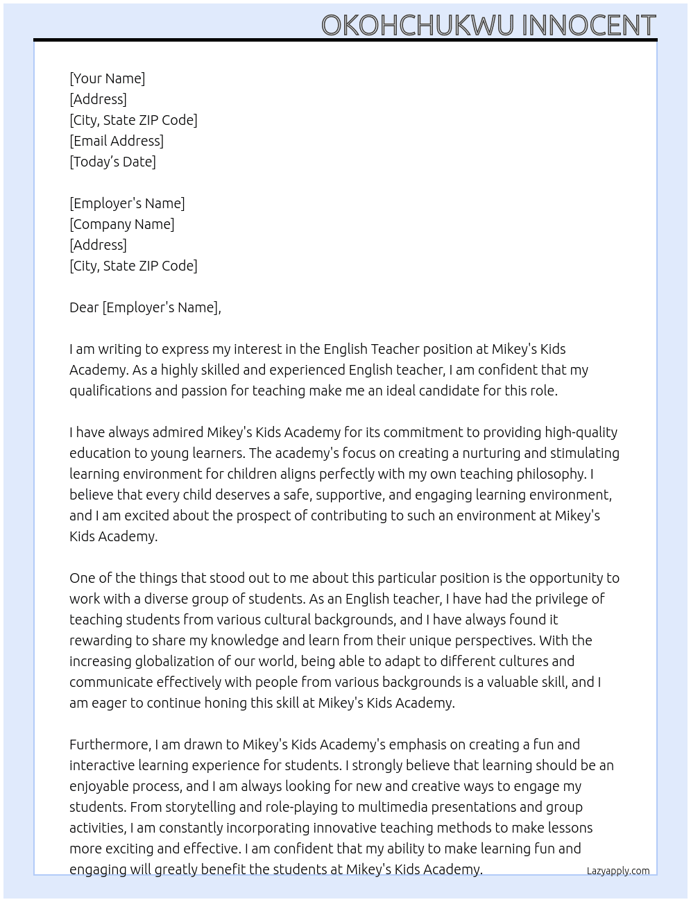 English Teacher At Mikey's Kids Academy Cover Letter