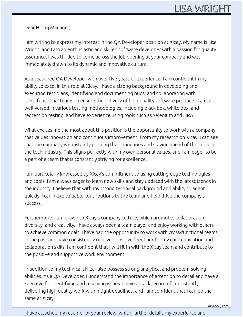QA Developer At Xicay Cover Letter