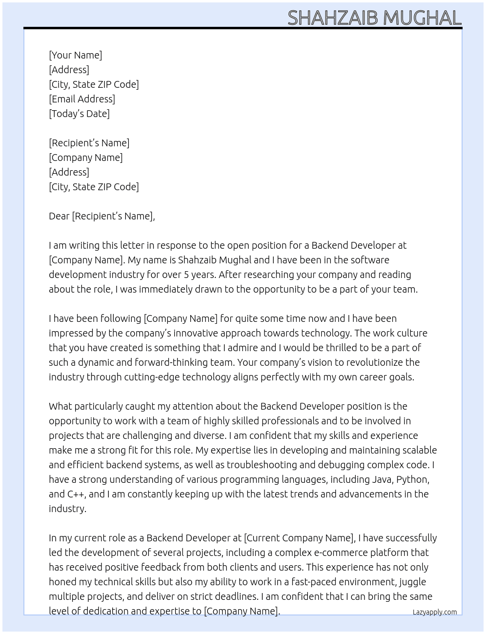Backend developer At  xyx Cover Letter