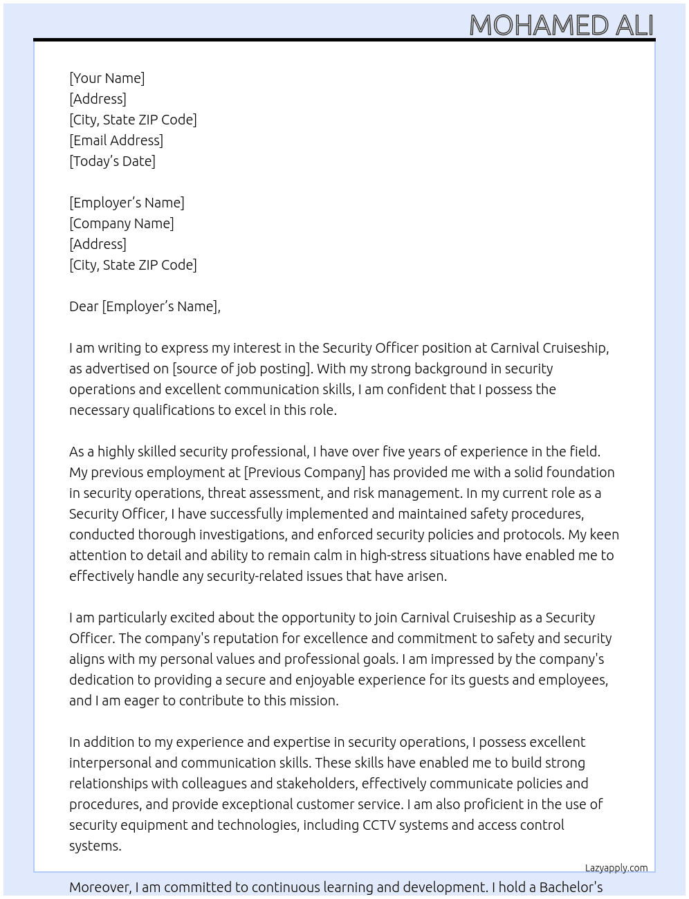 Security officer  At Carnival Cruiseship  Cover Letter