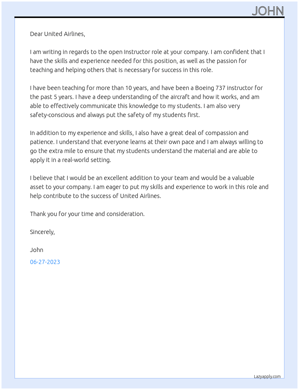 Cover letter for boeing 737 instructor - LazyApply
