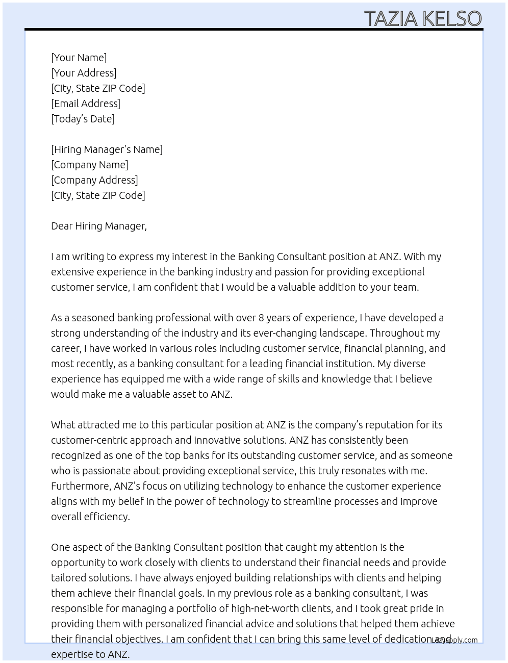 Banking Consultant At Anz Cover Letter