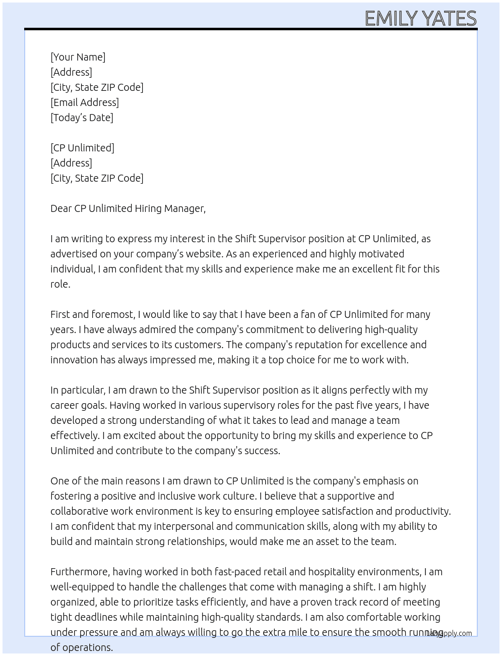  Shift Supervisor  At CP Unlimited  Cover Letter