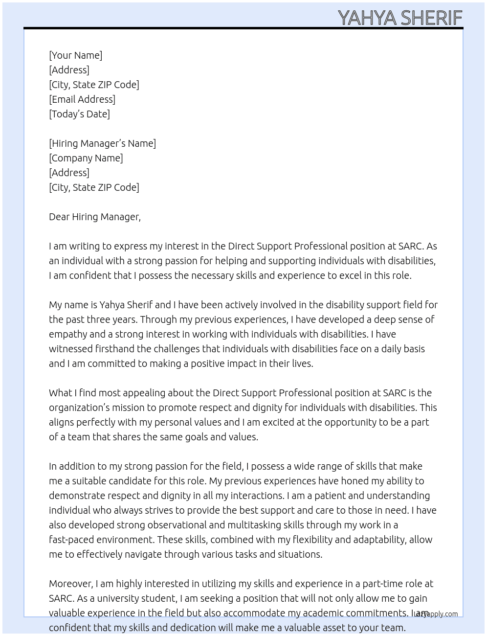 Direct Support Professional At SARC Cover Letter