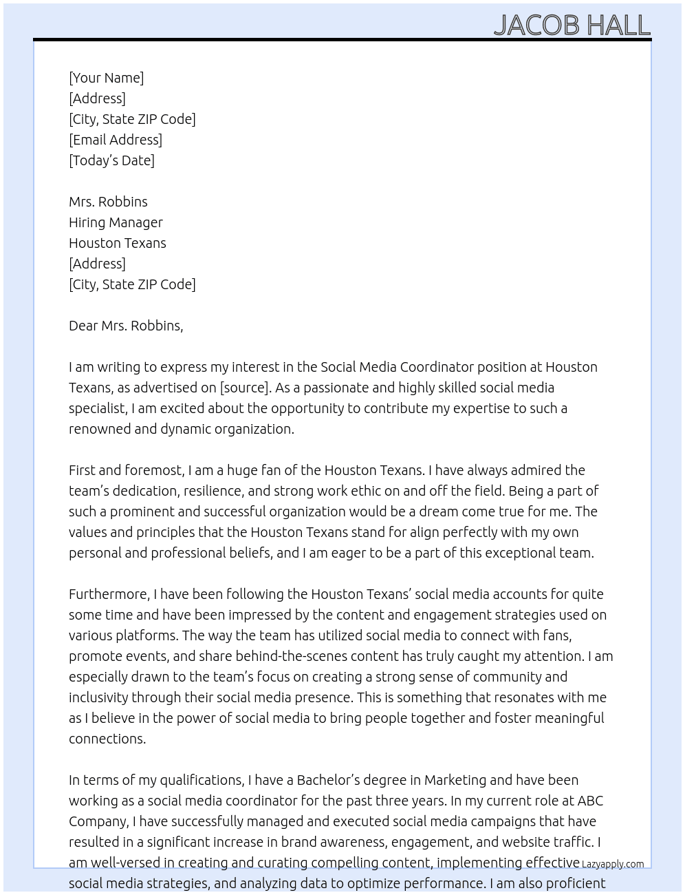 Social Media Coordinator At Houston Texans Cover Letter