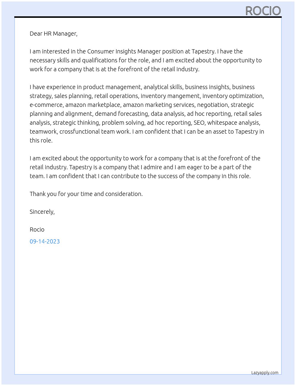 Consumer Insights Manager At Tapestry Cover Letter