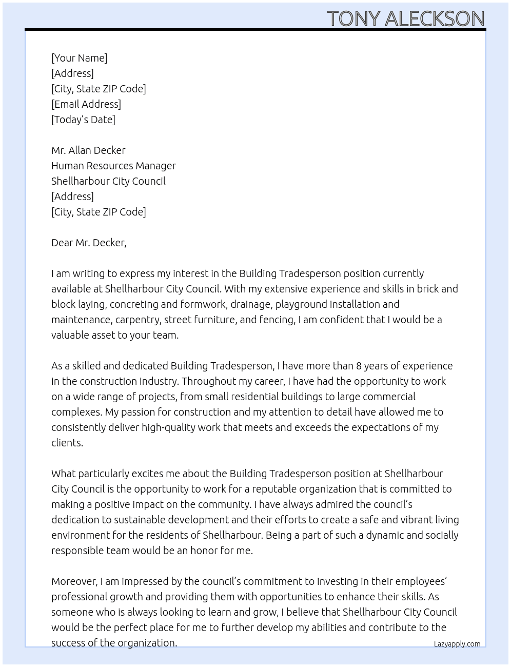 Building trades person  At Shellharbour City Council Cover Letter
