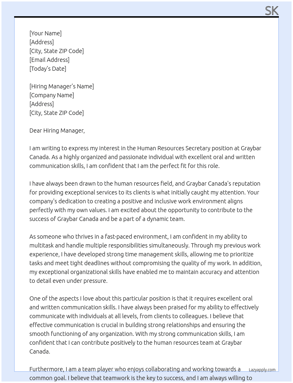 Human Resources Secretary At Graybar Canada Cover Letter