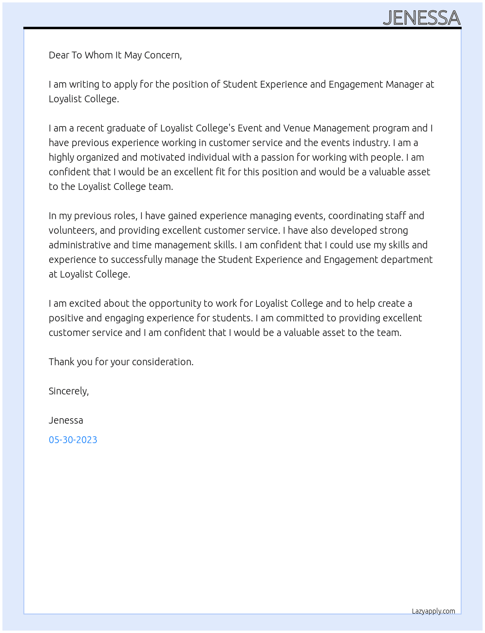 Student Experience and Engagement Manager At Loyalist College Cover Letter
