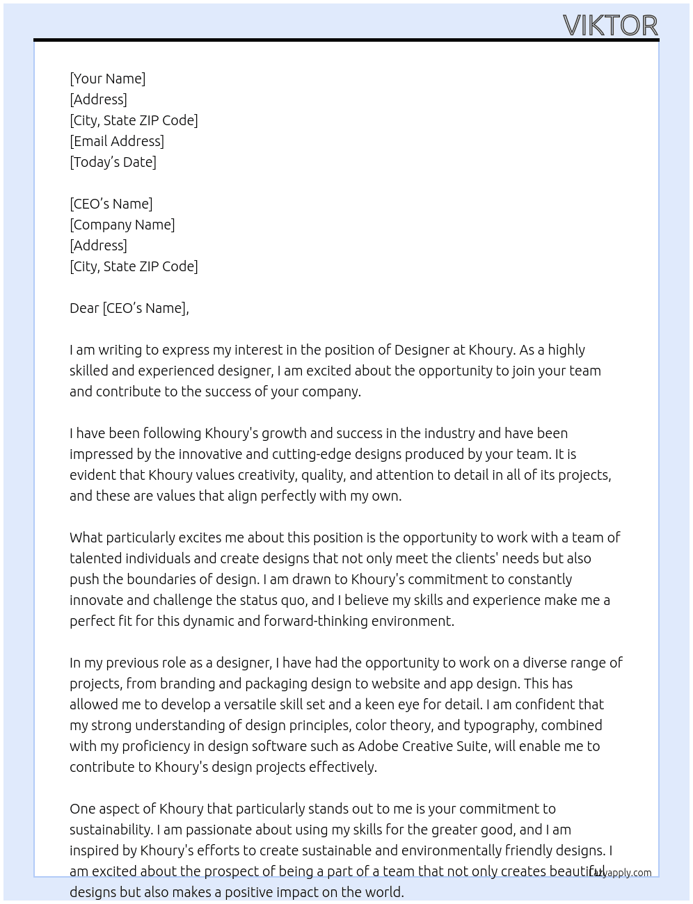 designer At khoury Cover Letter