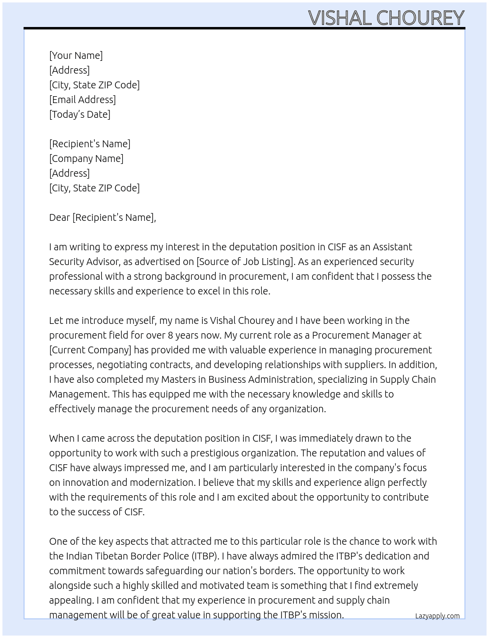 deputation in cisf At itbp Cover Letter
