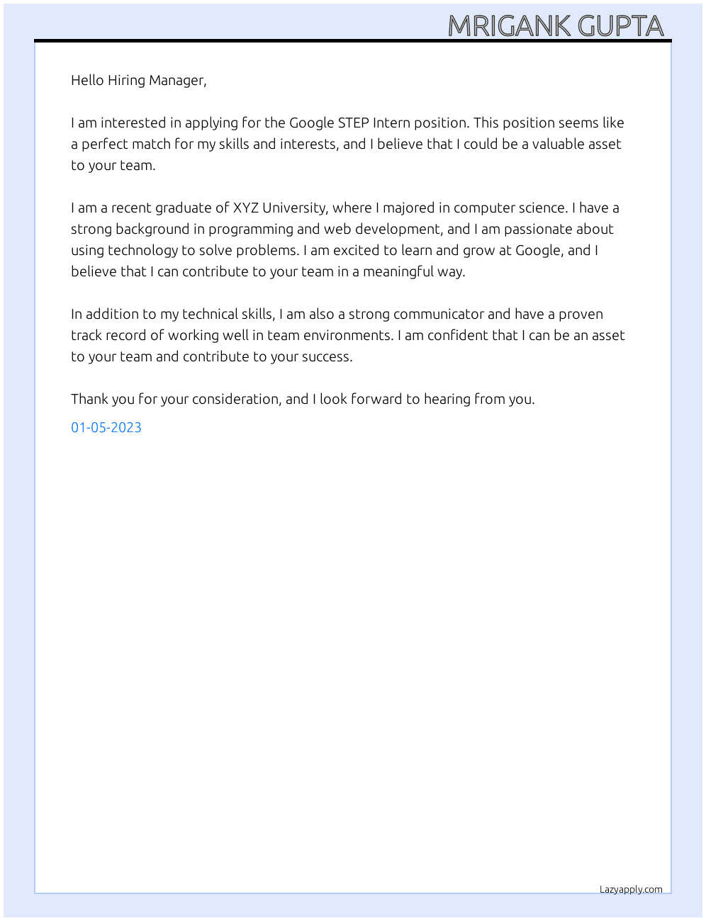 Google STEP Intern At Google  Cover Letter