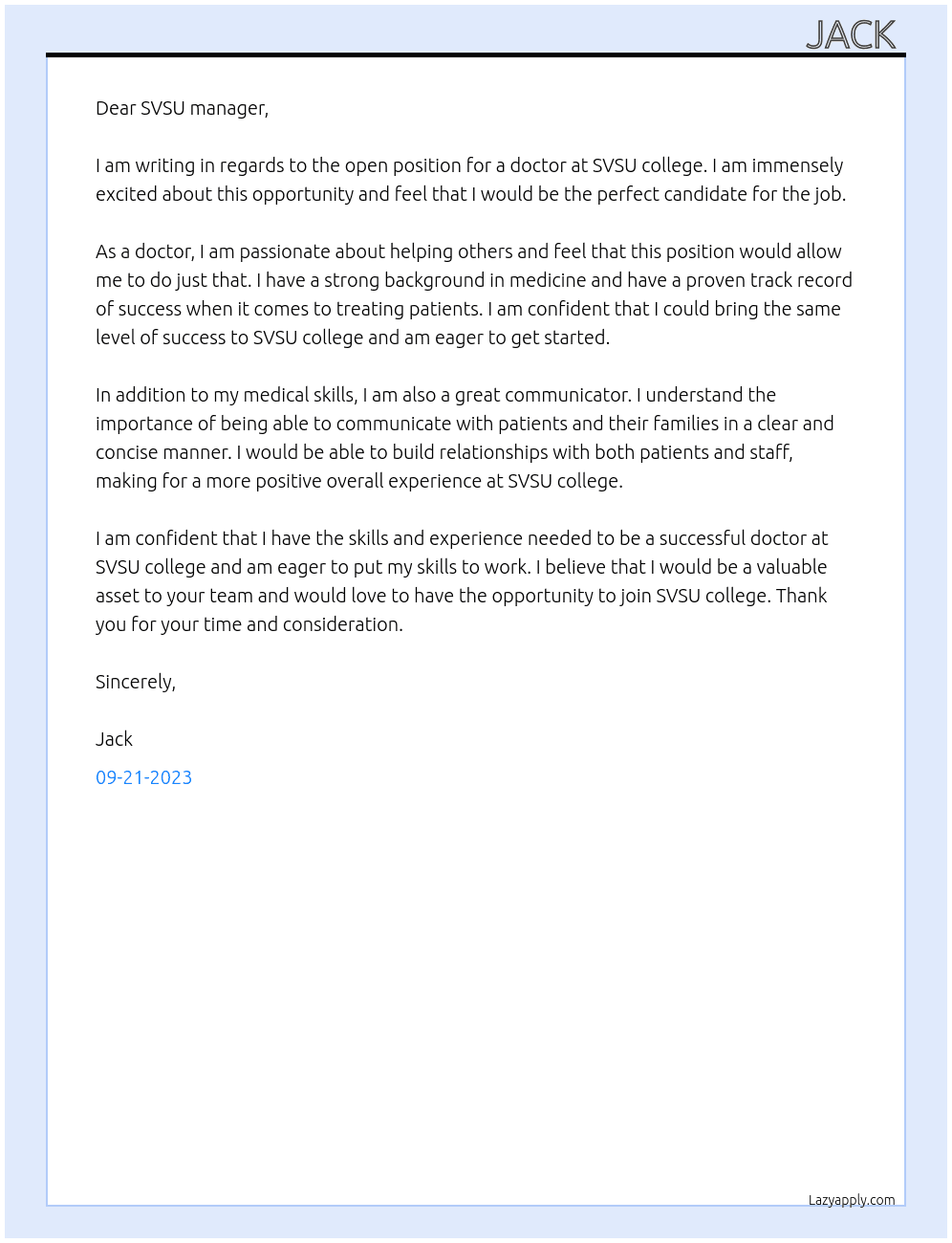 doctor  At SVSU college  Cover Letter