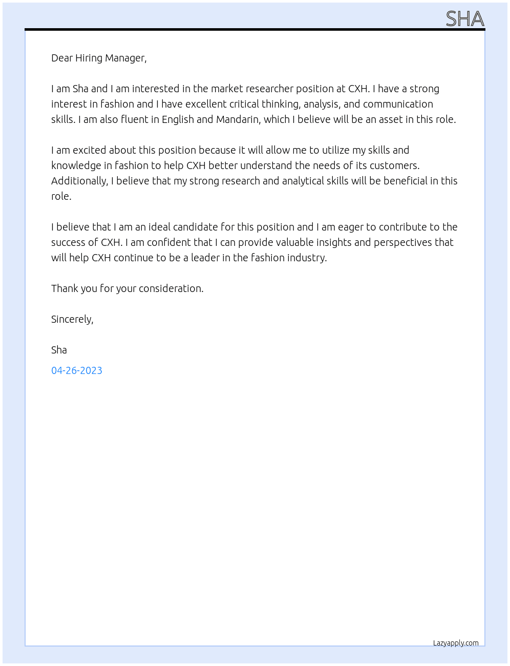 Market researcher At CXH Cover Letter