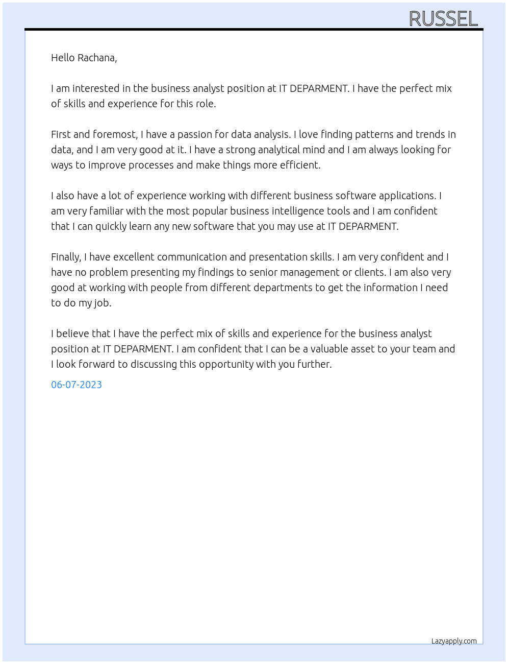 business analyst At IT DEPARMENT Cover Letter