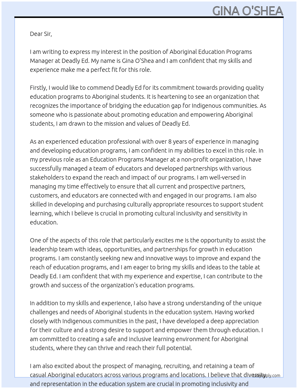 Aboriginal Education Programs Manager At Deadly Ed Cover Letter