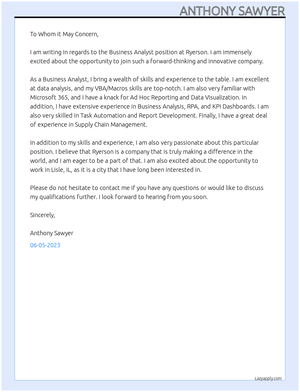 Business Analyst At Ryerson Cover Letter