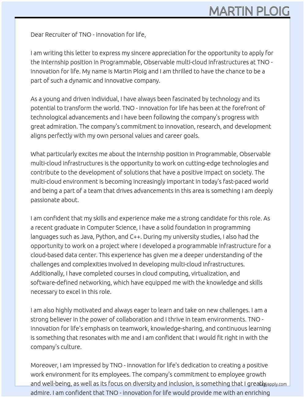 Internship | Programmable, observable multi-cloud infrastructures At TNO - innovation for life Cover Letter