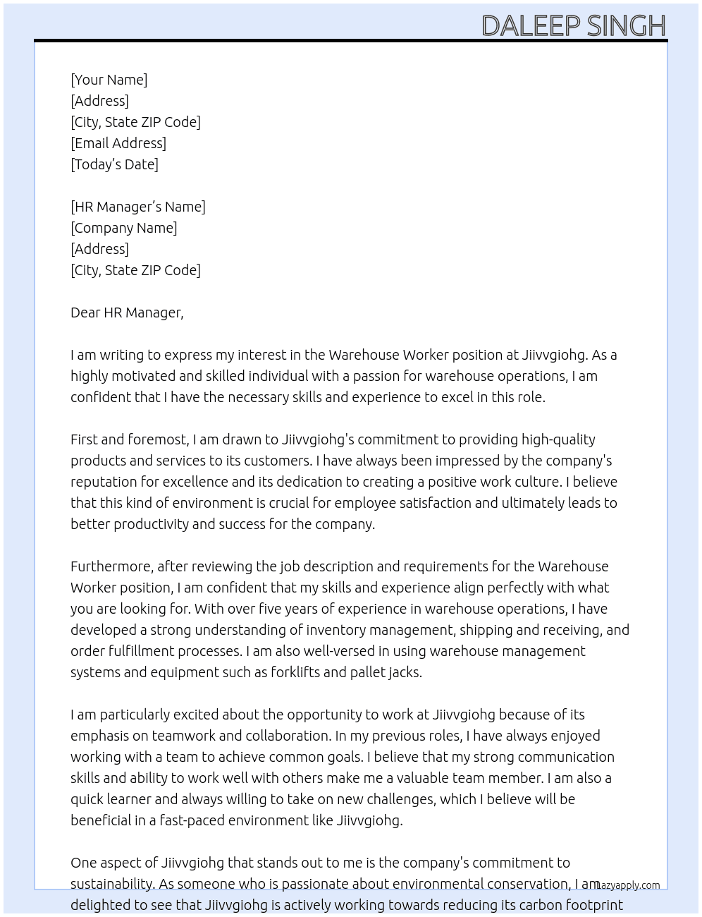 Warehouse Worker  At Jiivvgiohg Cover Letter