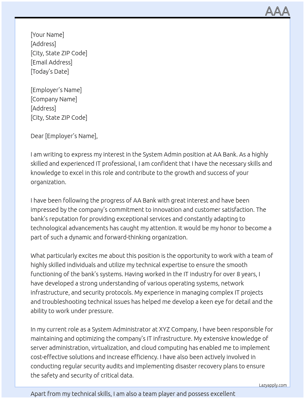 system admin At bank Cover Letter