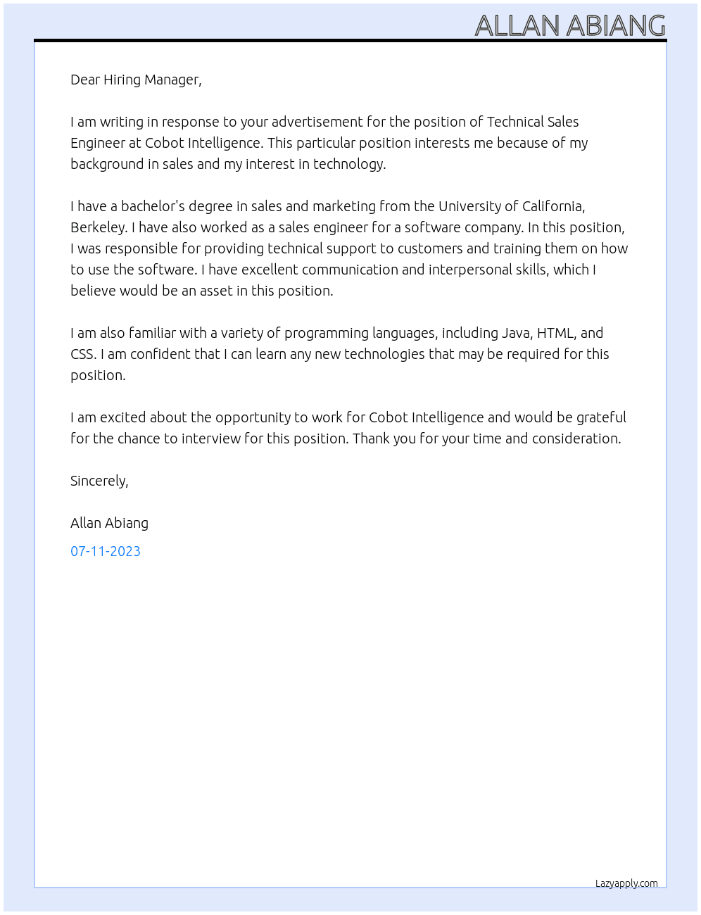 Technical Sales Engineer At Cobot Intelligence Cover Letter