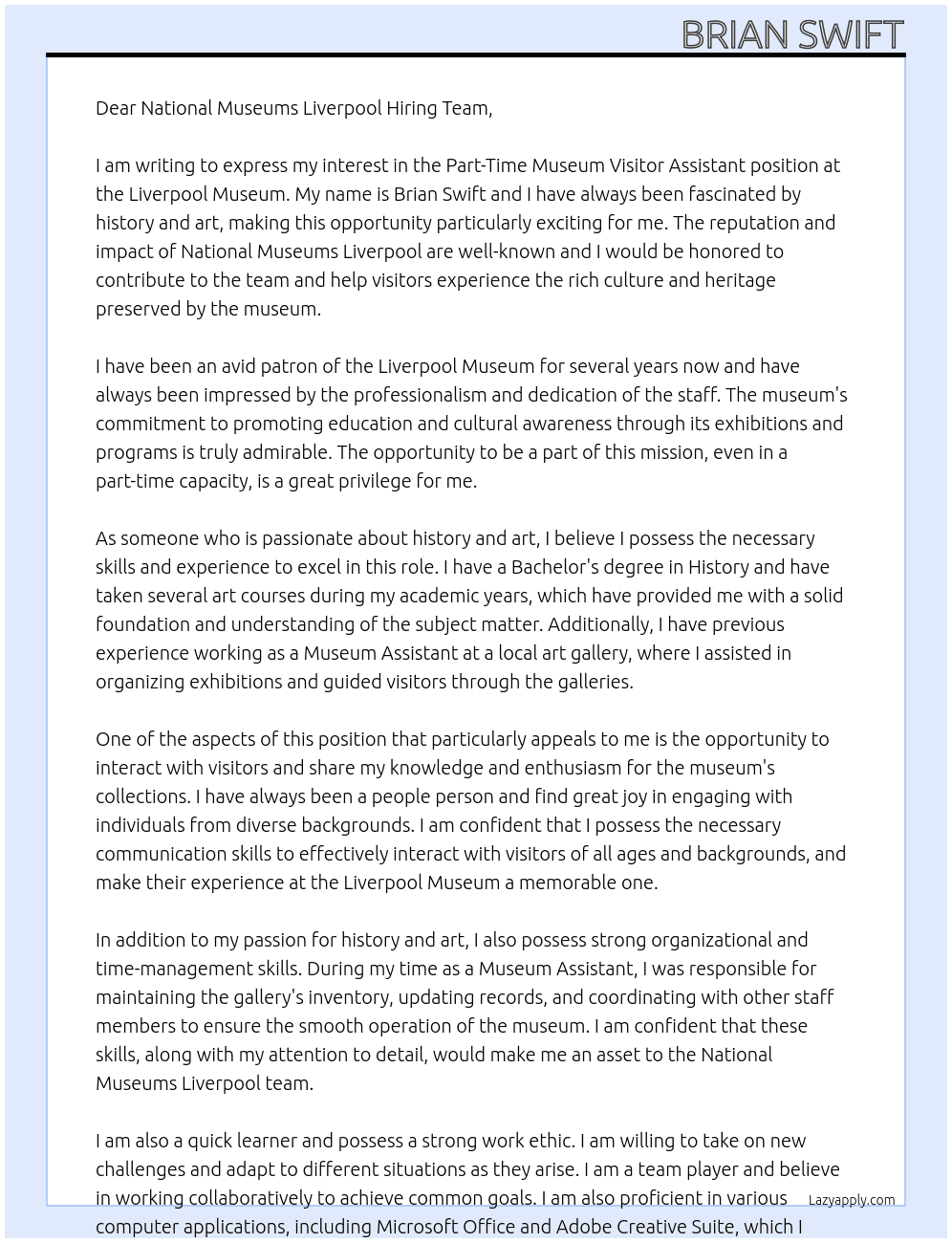 part time museum visitor assiistan At Liverpool Museum Cover Letter