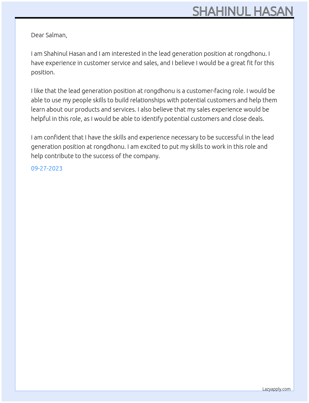 lead generation At rongdhonu Cover Letter