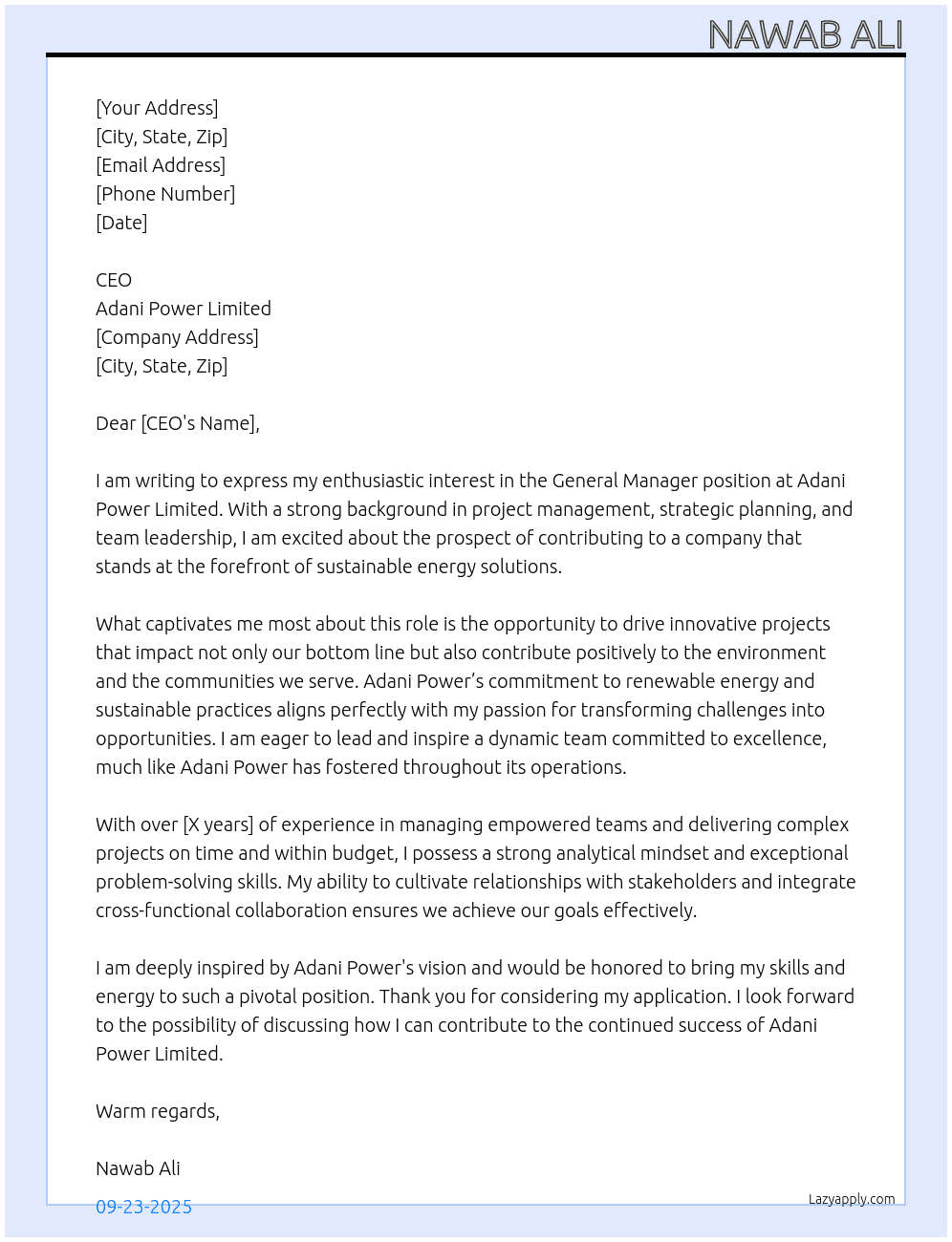 General manager PMCG At Adani Power Limited  Cover Letter