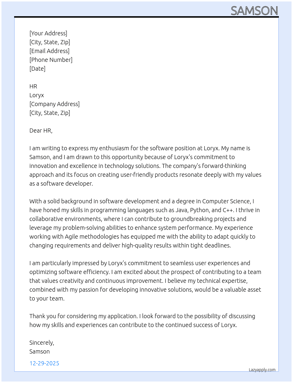 Cover letter for software - LazyApply